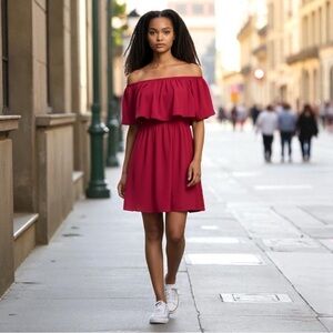 Alice + Olivia Silk Off Shoulder Ruffle Mini Dress Cranberry Red Sz 0